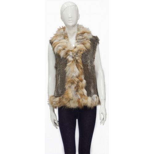 Winter Fur Ladies Brown Genuine Knitted Rabbit Vest With Fox Trimming W05V03BR